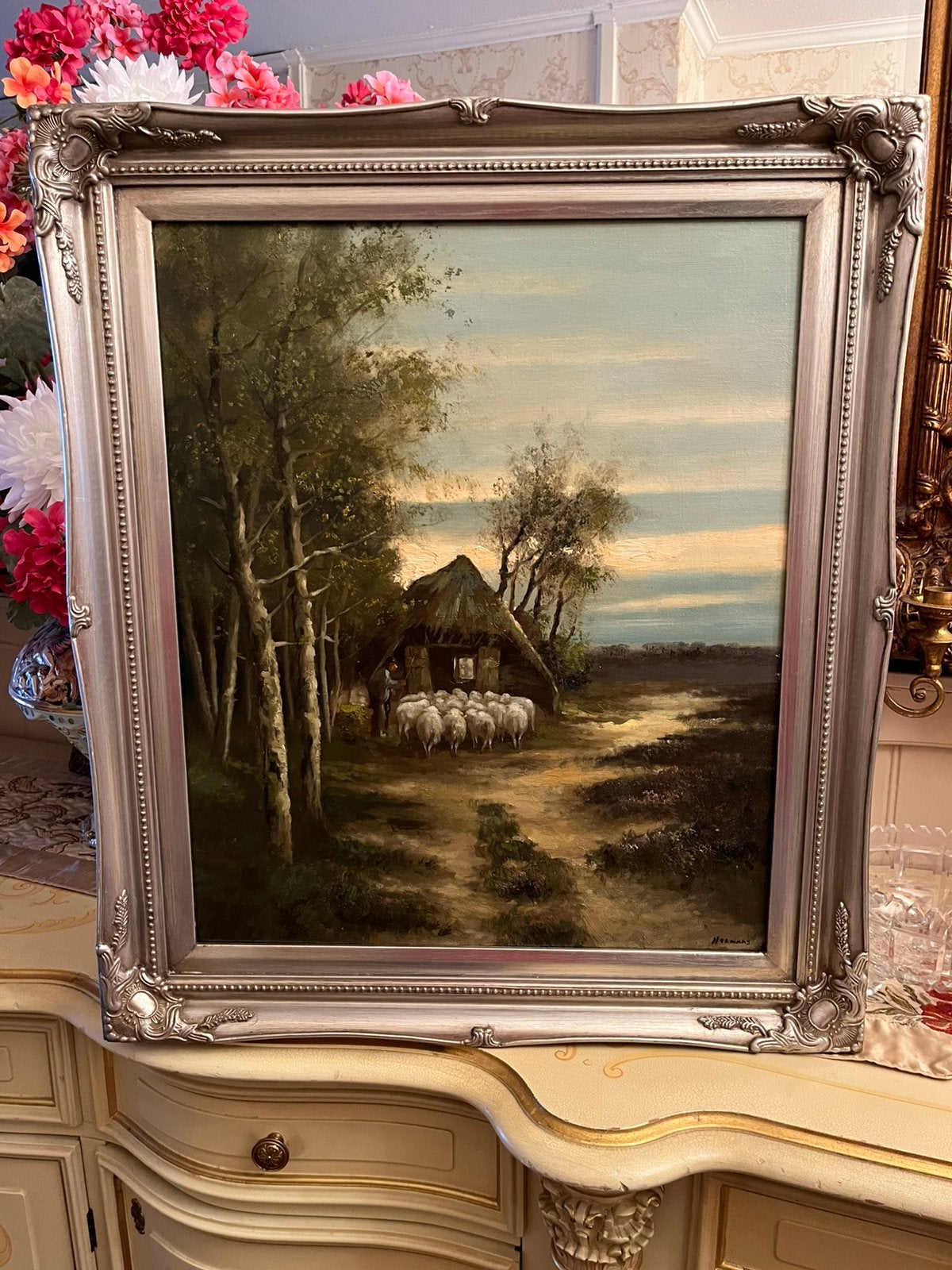 Antiek olieverf schapen met herder schilderij, Antiek en Kunst, Ophalen