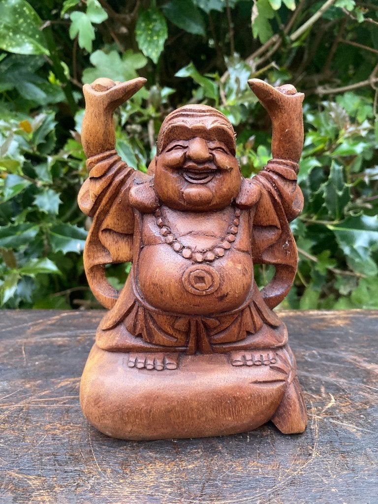 Handgesneden Happy Boeddha beeld van suarhout – 15 cm, Huis en Inrichting, Ophalen of Verzenden, Zo goed als nieuw, Nvt, Nvt particulier