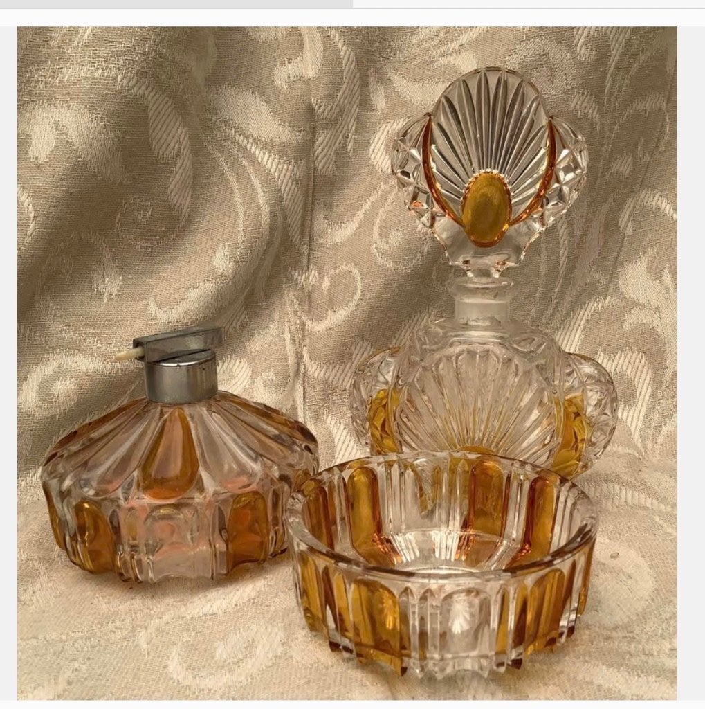 3-delige vintage Toilettafel parfum set glas amberkleur, Antiek en Kunst, Ophalen of Verzenden