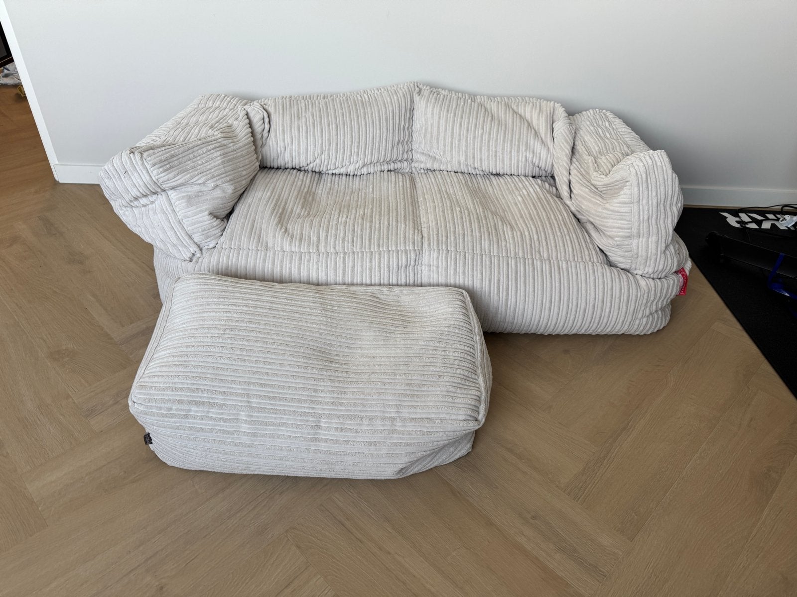 Loungepug Zitzak Bank + Poef - Corduroy Ivoor (z.g.a.n.), Ophalen, Zo goed als nieuw, Beige, Zitzak