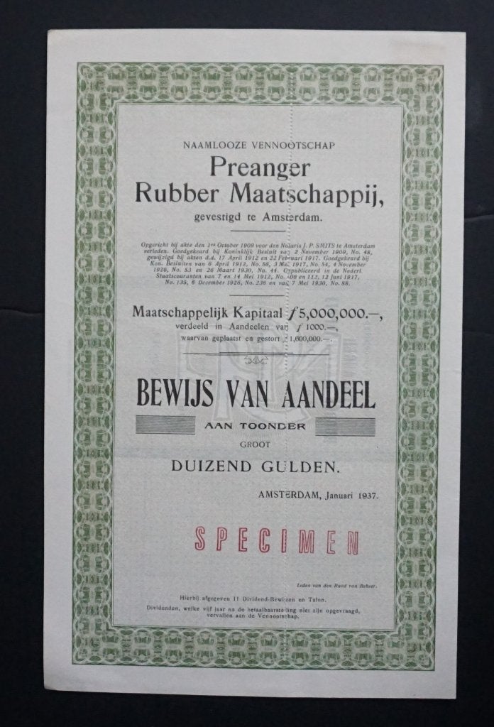 Preanger Rubber Maatschappij (Rubber en Koffie) - A'dam 1937, Verzenden, 1920 tot 1950, Aandeel