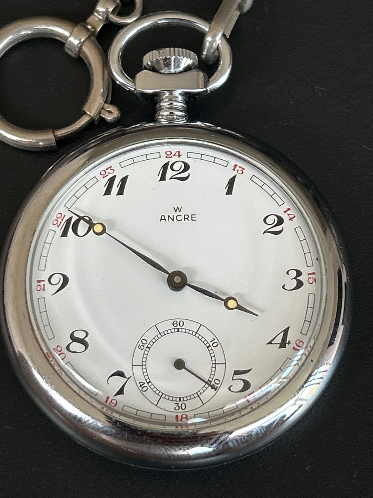 Vintage Zakhorloge W Ancre met Trein Reliëf en Ketting, Overige merken, Overige materialen, Zakhorloge, 1930 tot 1960