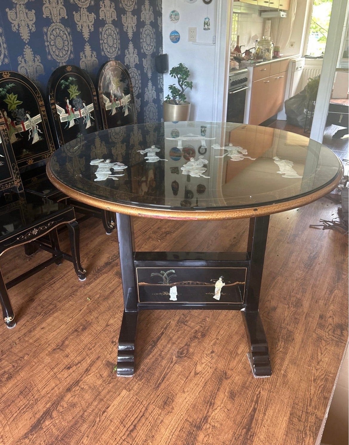 Japanse eettafel met glazen blad en 4 stoelen, Ophalen