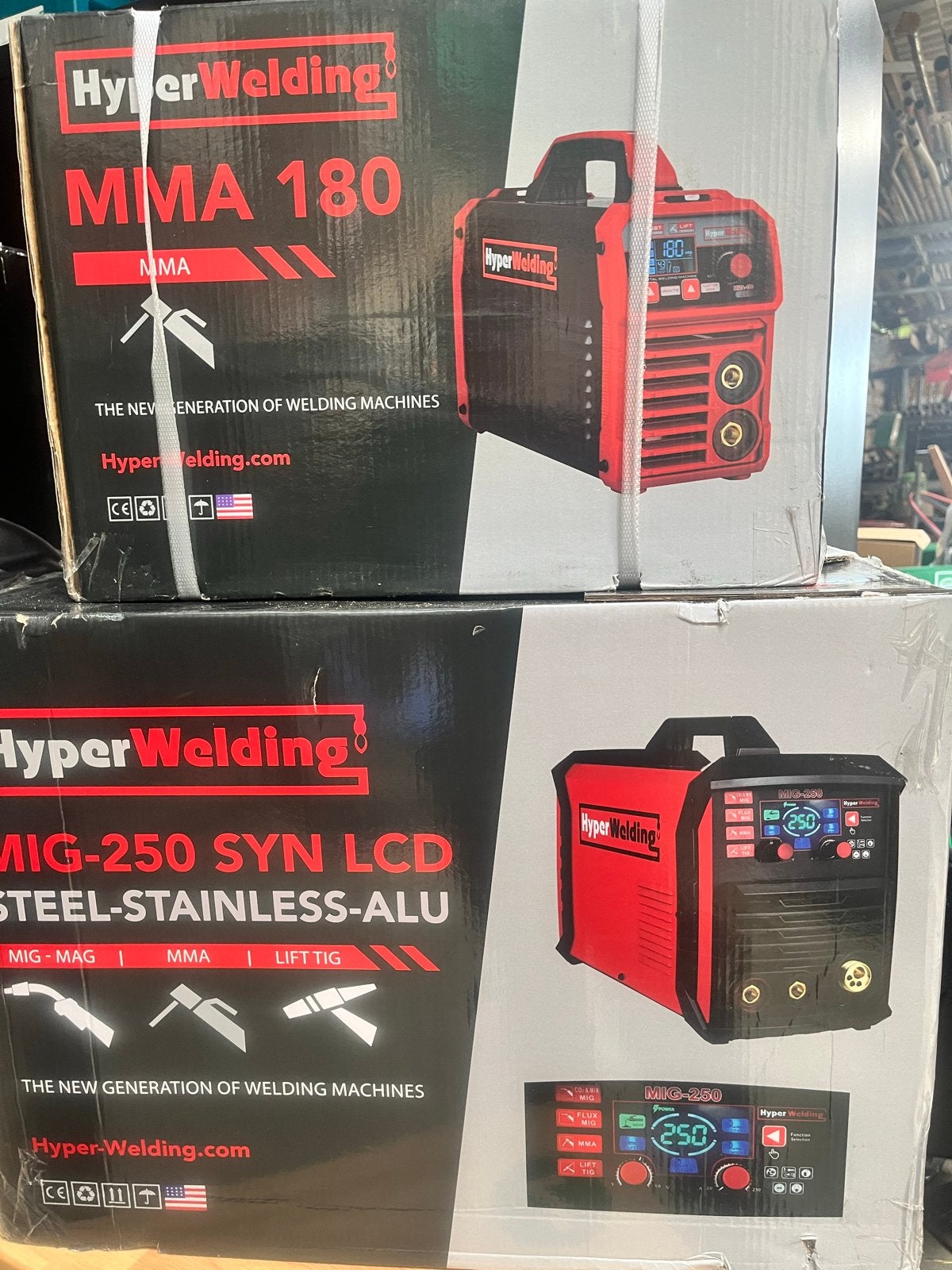 HyperWelding MMA 180 & MIG-250 SYN LCD Lasapparaten, Ophalen, Nieuw, 150 tot 250 ampère, Inverter
