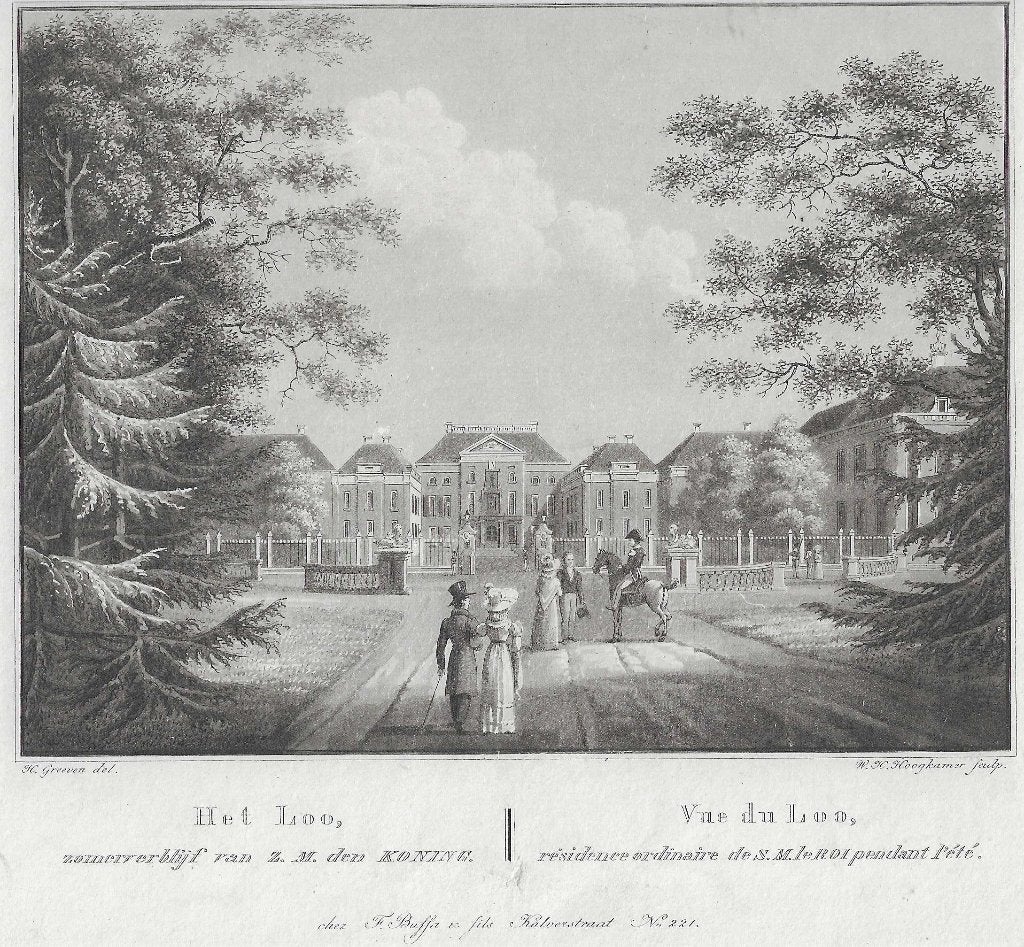 Het Loo zomerverblijf van Z.M. de Koning Litho Aquatint 1825, 1800 - 1899, 17 cm, Architectuur, Ophalen of Verzenden