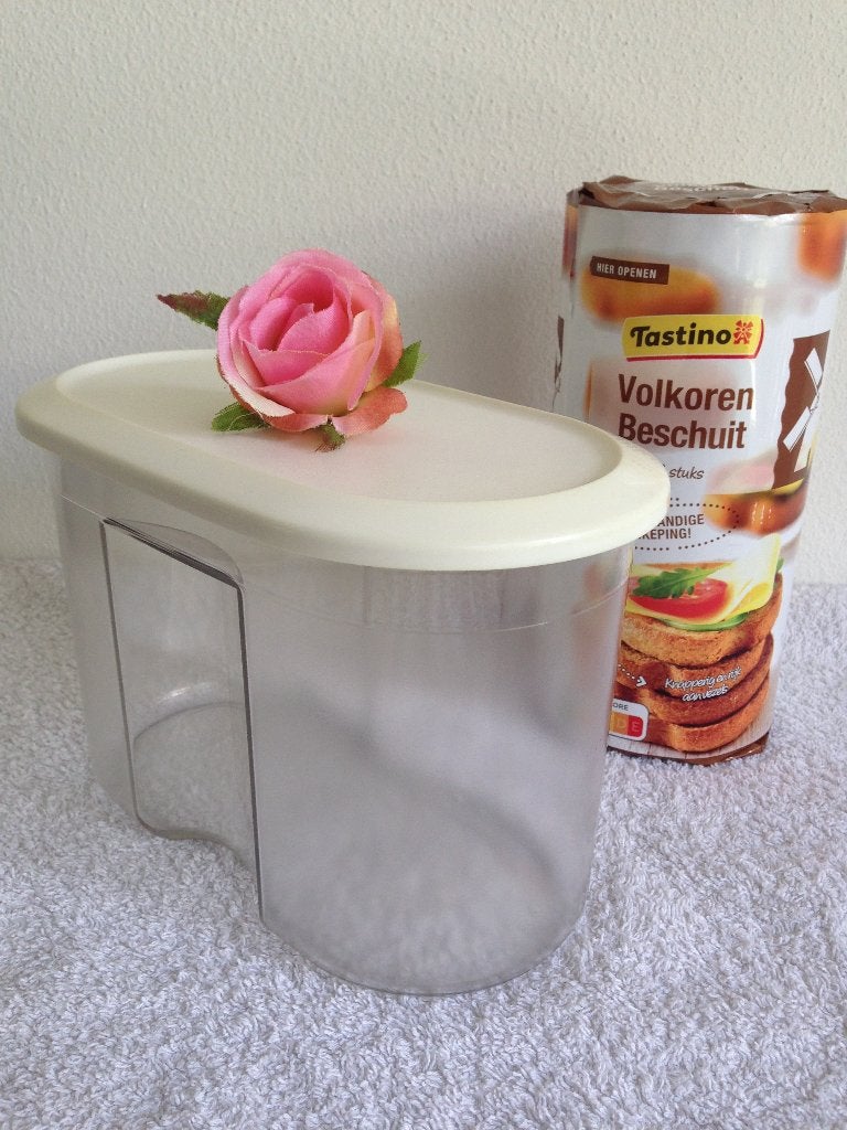 🤍Vintage Tupperware Beschuitbus/ Trommel Creme/wit., Gebruikt, Verzenden, Wit, Met deksel