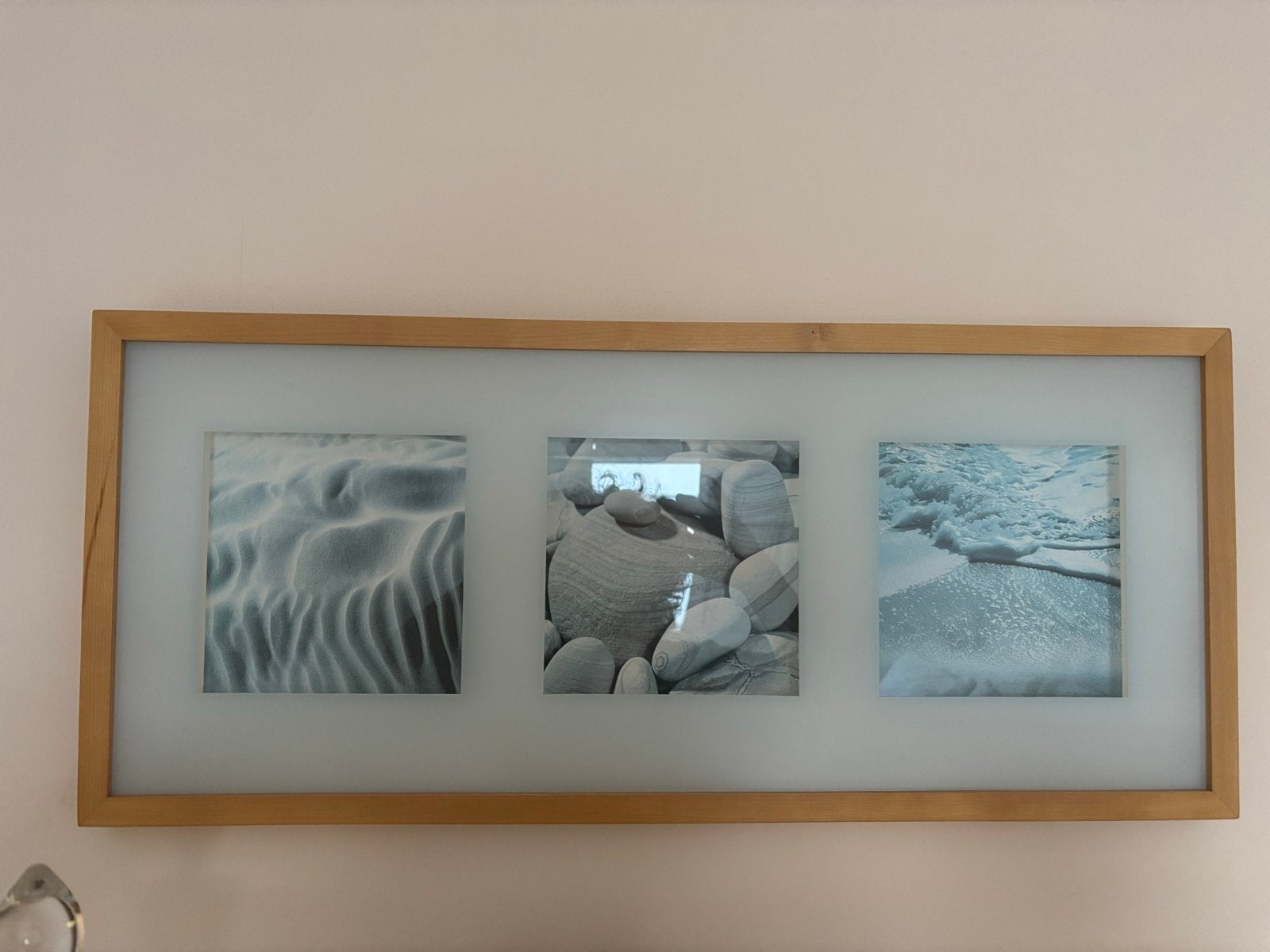 Houten fotolijst met 3 afbeeldingen van strand/zee, Ophalen, Bruin, Gebruikt, Fotolijst