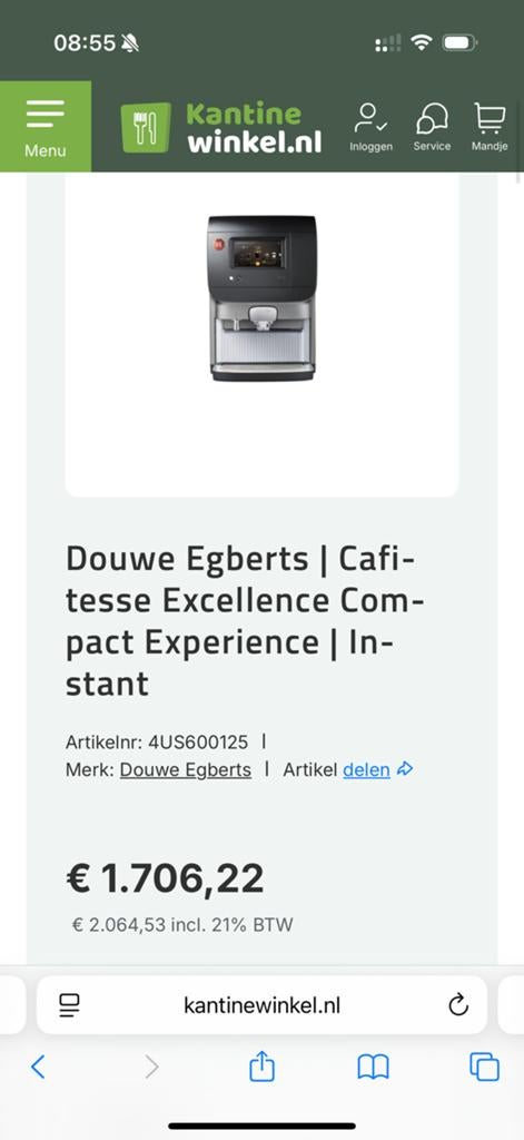 Douwe Egberts touchscreen automaat. Koffie /melk/chocomel, Ophalen of Verzenden, Zo goed als nieuw