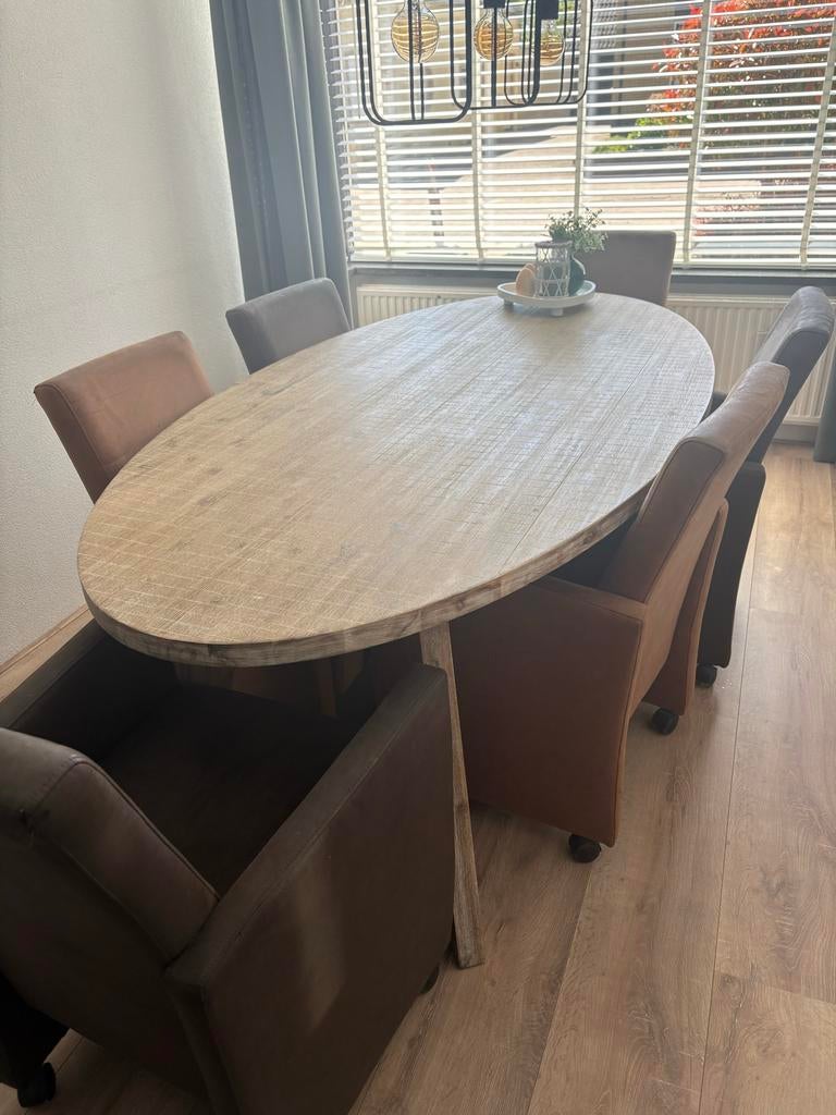Ovale eettafel met houtlook, Ophalen, 100 tot 150 cm, 200 cm of meer, Zo goed als nieuw