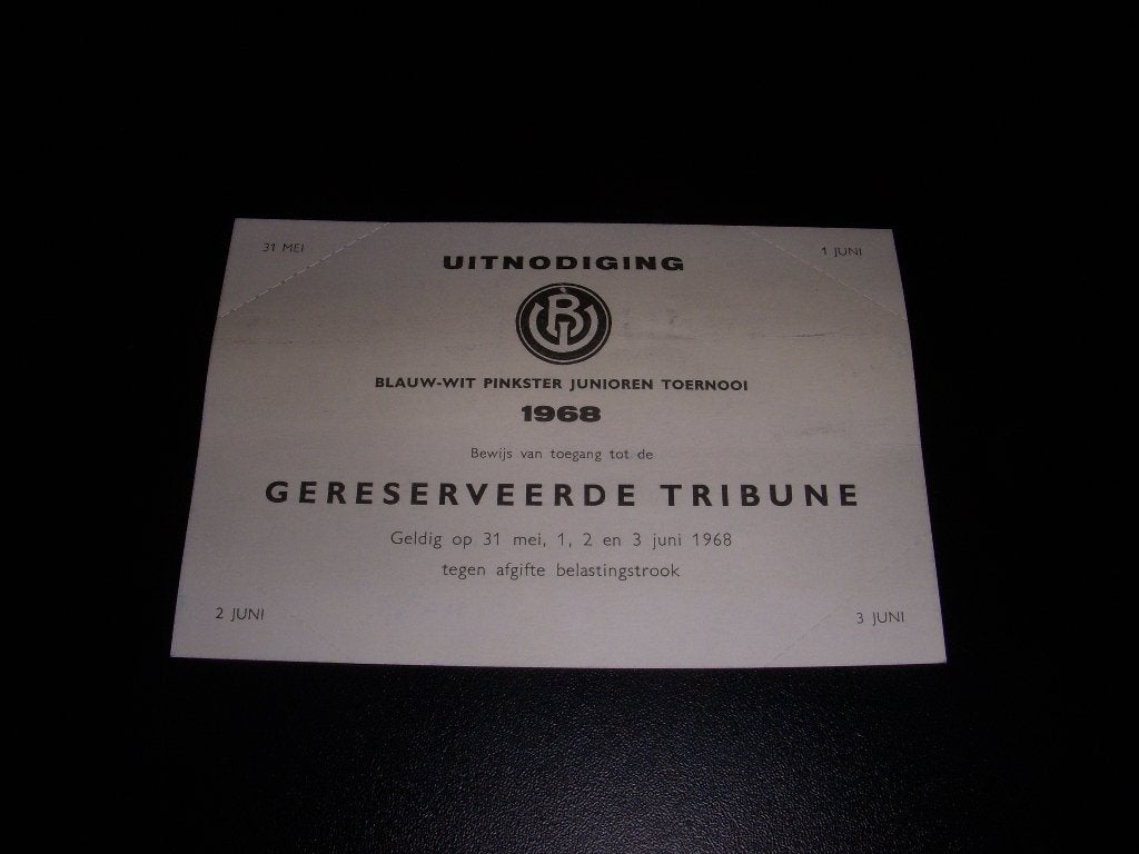 Uitnodiging Blauw-Wit A'dam Pinkstertoernooi 1968, Verzamelen, Ophalen of Verzenden, Gebruikt, Overige binnenlandse clubs, Overige typen
