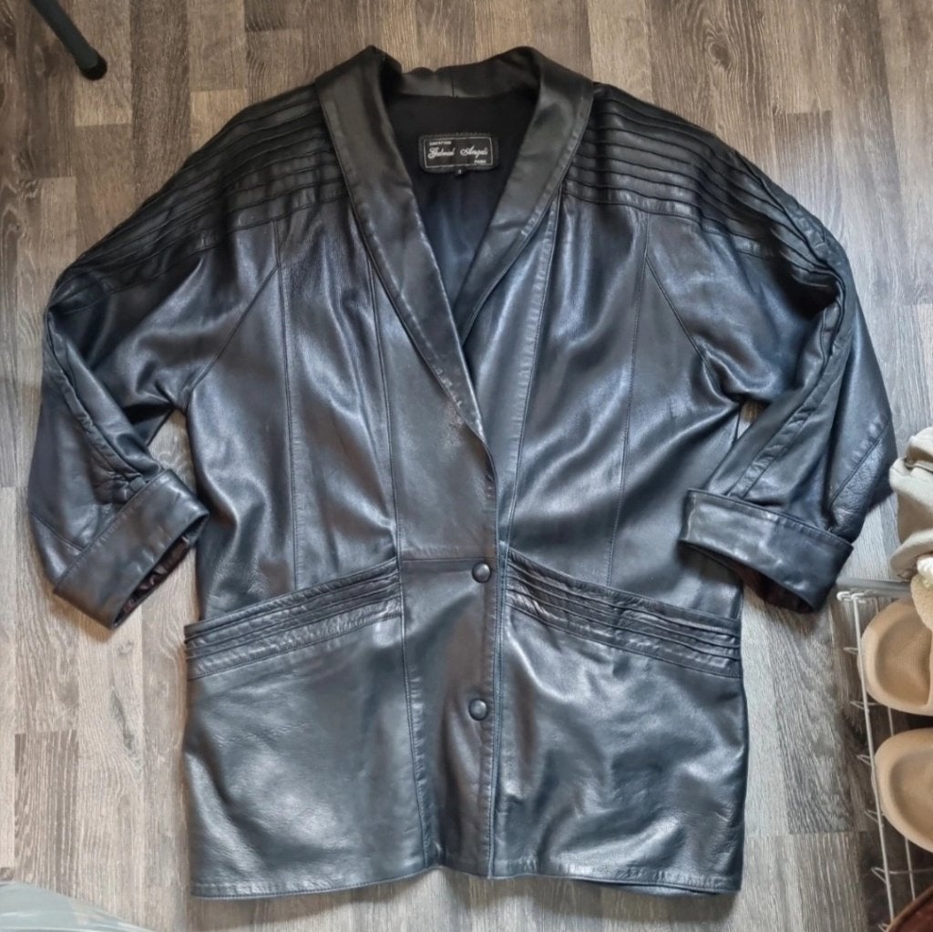 Vintage leren jas Creation Gabriel Angeli, Zwart, Maat 42/44 (L), Ophalen of Verzenden, Gabriel Angeli Paris
