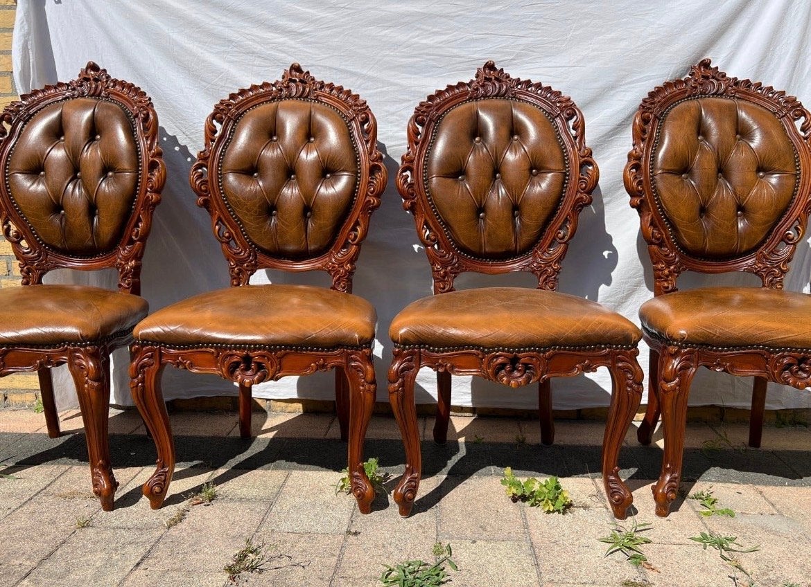 4 Barok Eetkamerstoelen met Lederen Bekleding, Ophalen