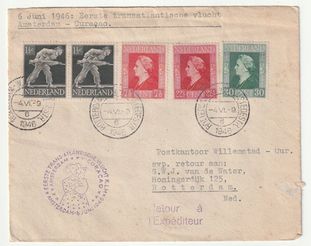 1946 eerste trans-Atlantische vlucht Amsterdam Curacao, Postzegels en Munten, Ophalen of Verzenden, Envelop