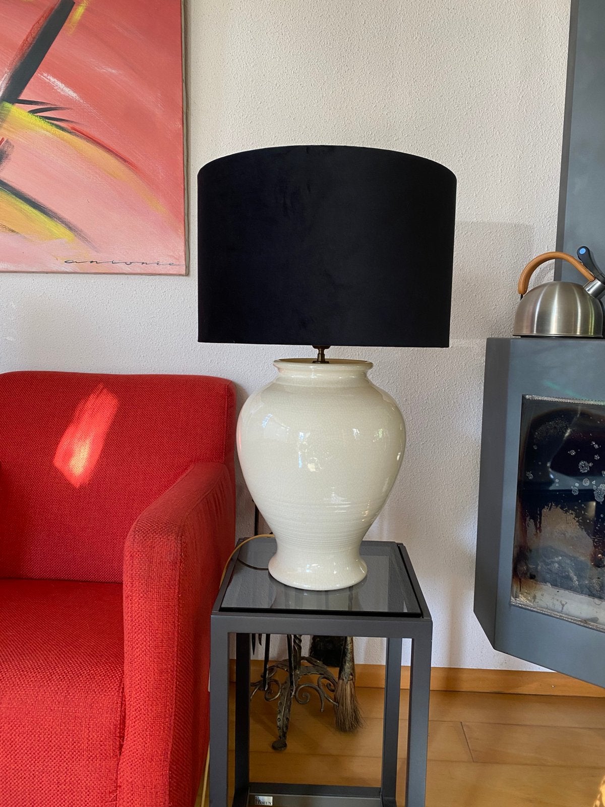 Prachtige grote schemerlamp! Tafellamp. Beige met zwarte kap, Huis en Inrichting, Beige, Ophalen, Zo goed als nieuw, Schemerlamp