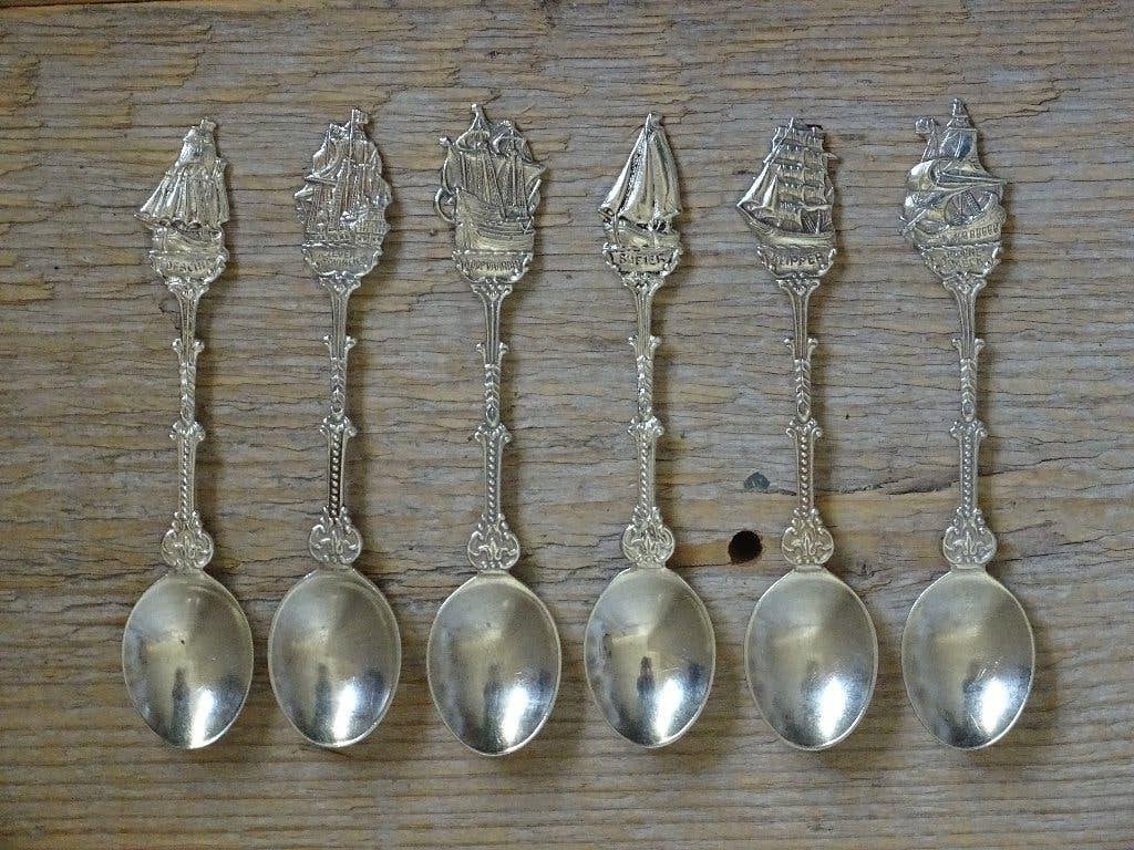 6x Theelepeltje, D.E. Zeilschepen, verzilverd, gaaf, Antiek en Kunst, Ophalen of Verzenden
