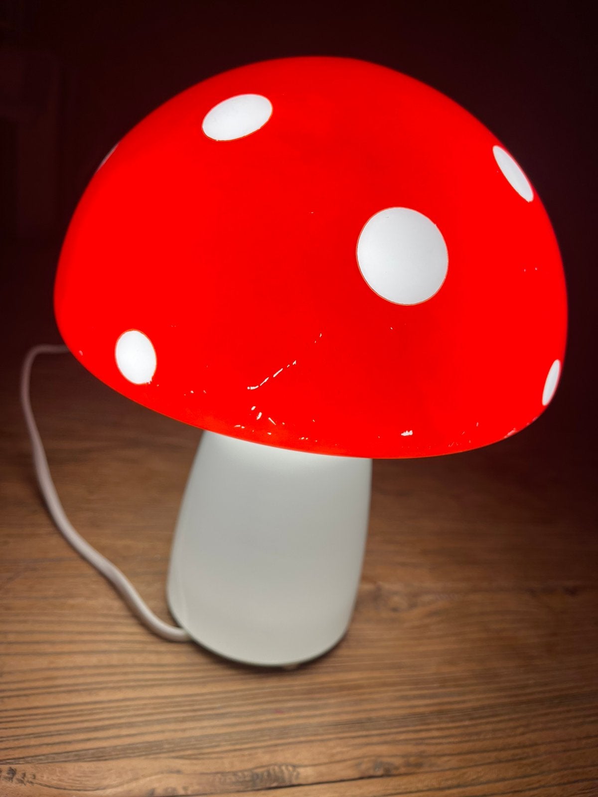 Vintage glazen paddenstoel lamp 80 mushroom vliegenzwam, Figuurlamp, Vintage, Rood, Met schakelaar