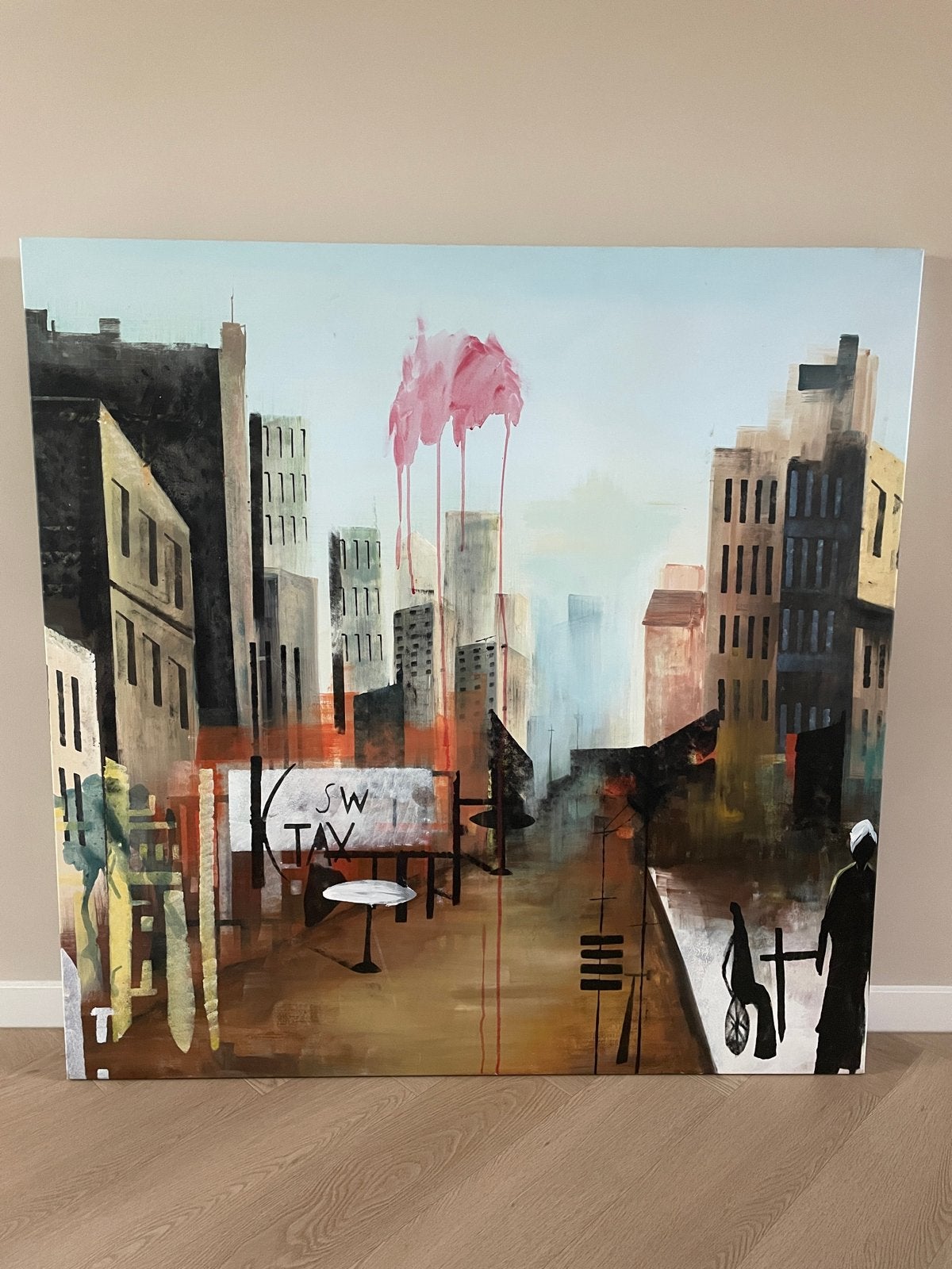 Modern Stadsgezicht Schilderij met Abstracte Elementen, Ophalen, Acrylverf, Textiel, Stadsgezicht