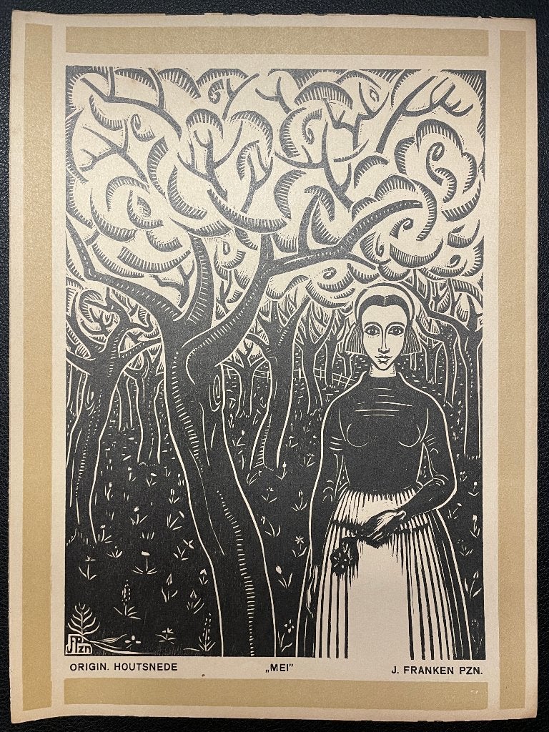 J. Francken Pzn. (1896-1977) Houtsnede 'Mei', 30 cm, 1950 - 1999, Portret, Ophalen of Verzenden