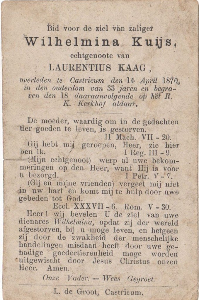 Wilhelmina Kuijs 1842 - 1876 Castricum, 33 jaar oud, Verzenden