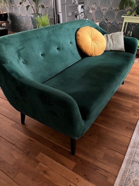 Mooie dennengroene velour bank, Ophalen, Gebruikt, 150 tot 200 cm, Tweepersoons