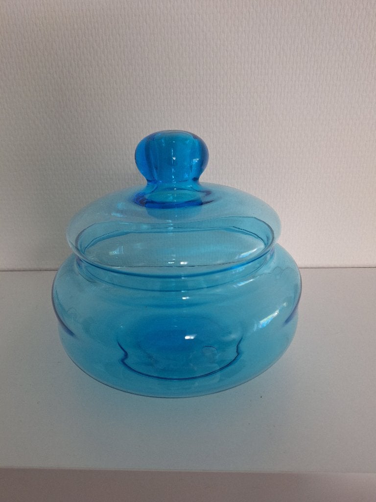 Blauwe glazen koekjesschaal + deksel, Ophalen, Met deksel, Rond, Nieuw
