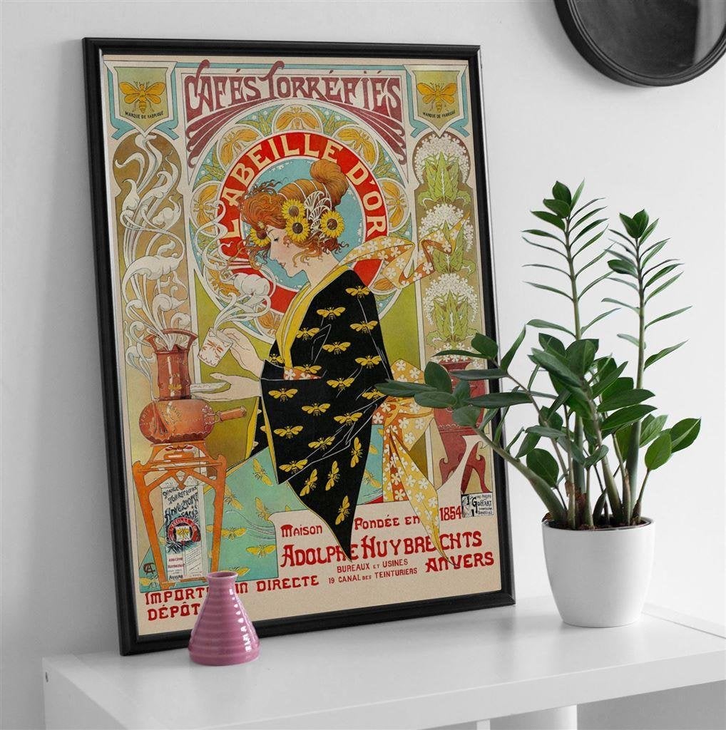 Zeldzame Art Nouveau Gulden Bie Koffie Crespin Poster, Verzenden, Nieuw, Reclamebord
