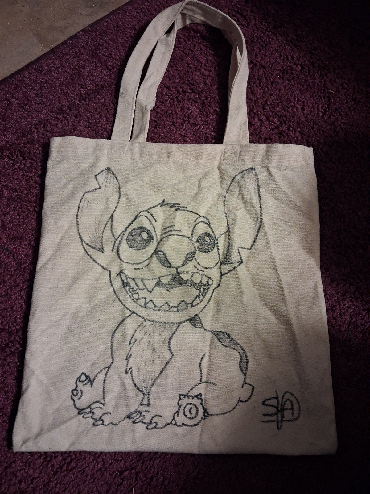 Handgetekende linnen tas met Stitch - 36x61cm, 30 cm of meer, Gebruikt, Beige, Ophalen of Verzenden