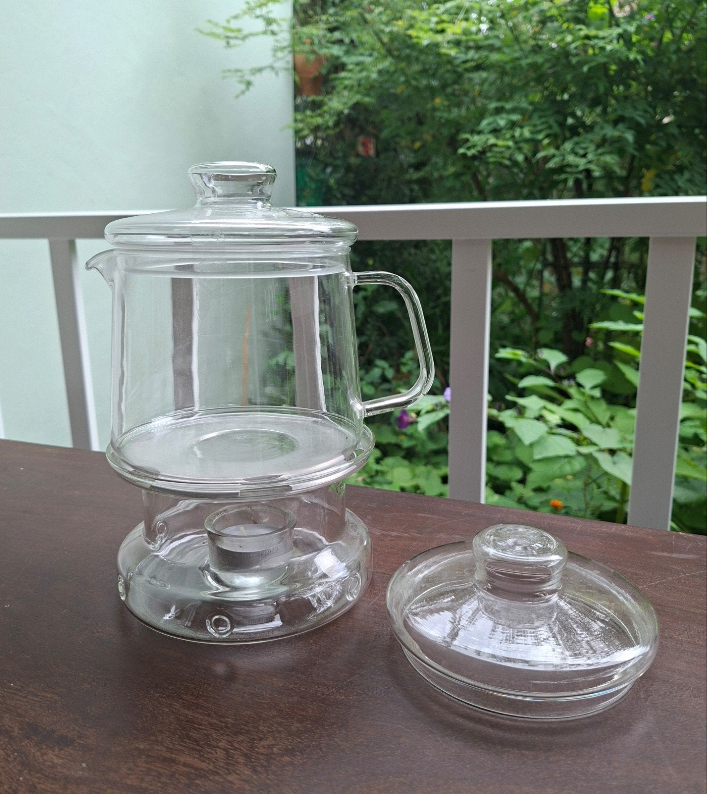 Douwe Egberts glazen theepot met theelicht en extra deksel, Ophalen of Verzenden, Zo goed als nieuw, Glas, Overige merken
