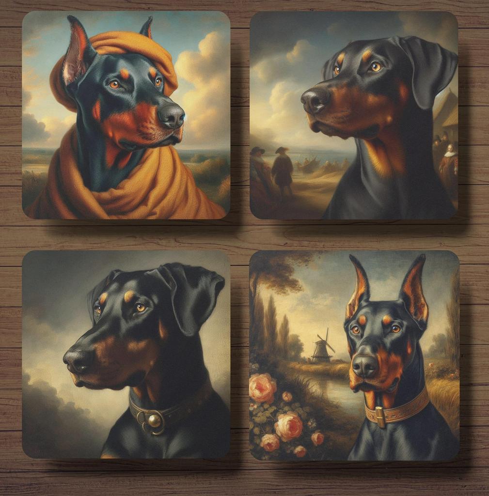 Dobermann Rembrandt stijl onderzetters met houder, Ophalen of Verzenden, Nieuw, Glas of Kopje