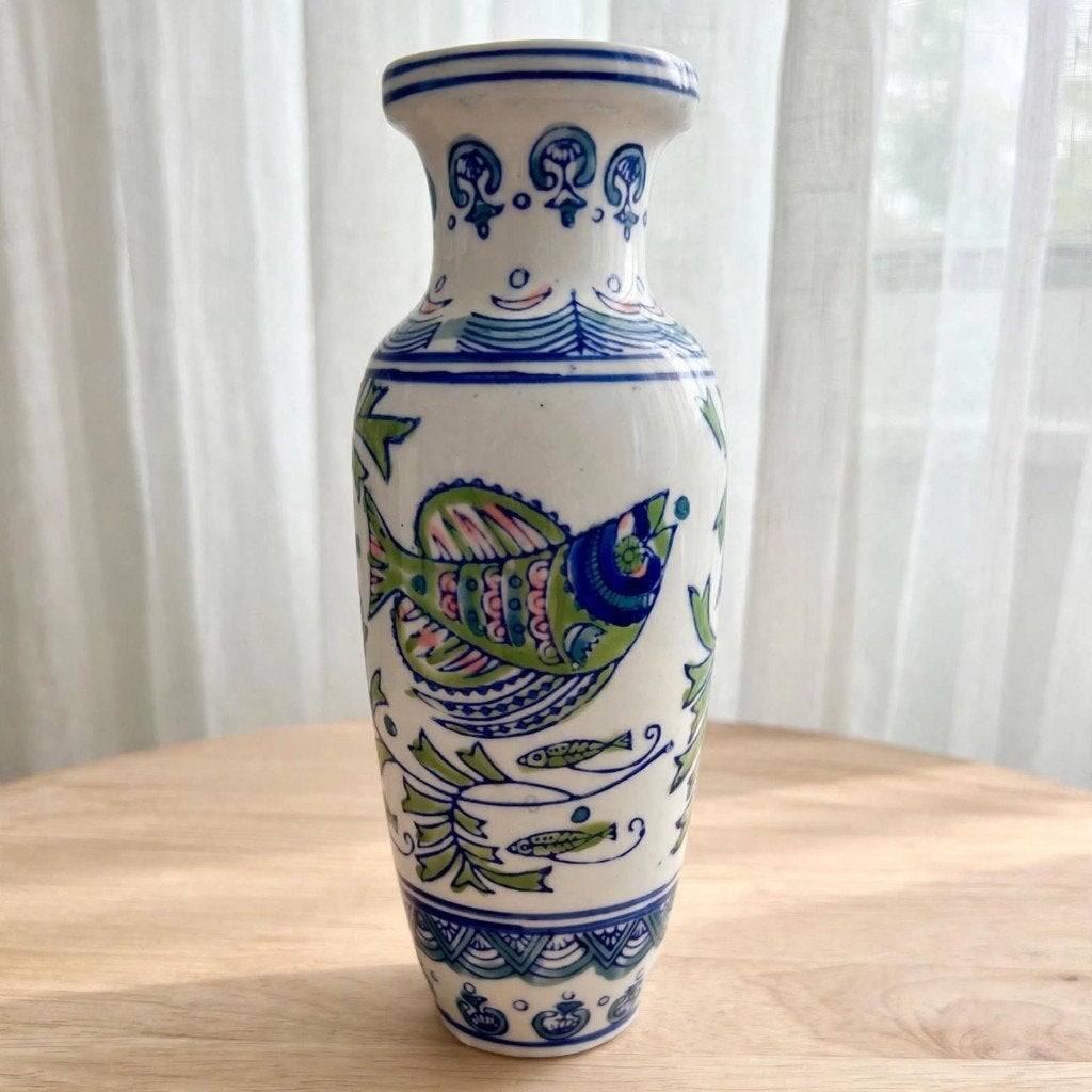 Vintage Vaasje 19cm Handbeschilderd met Vissen – 1997, Ophalen of Verzenden