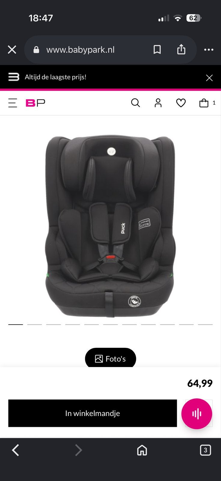 Puck Harry Autostoel - ISOFIX - Groep 1/2/3 - Zwart, Overige merken, Verstelbare rugleuning, Nieuw, Ophalen of Verzenden