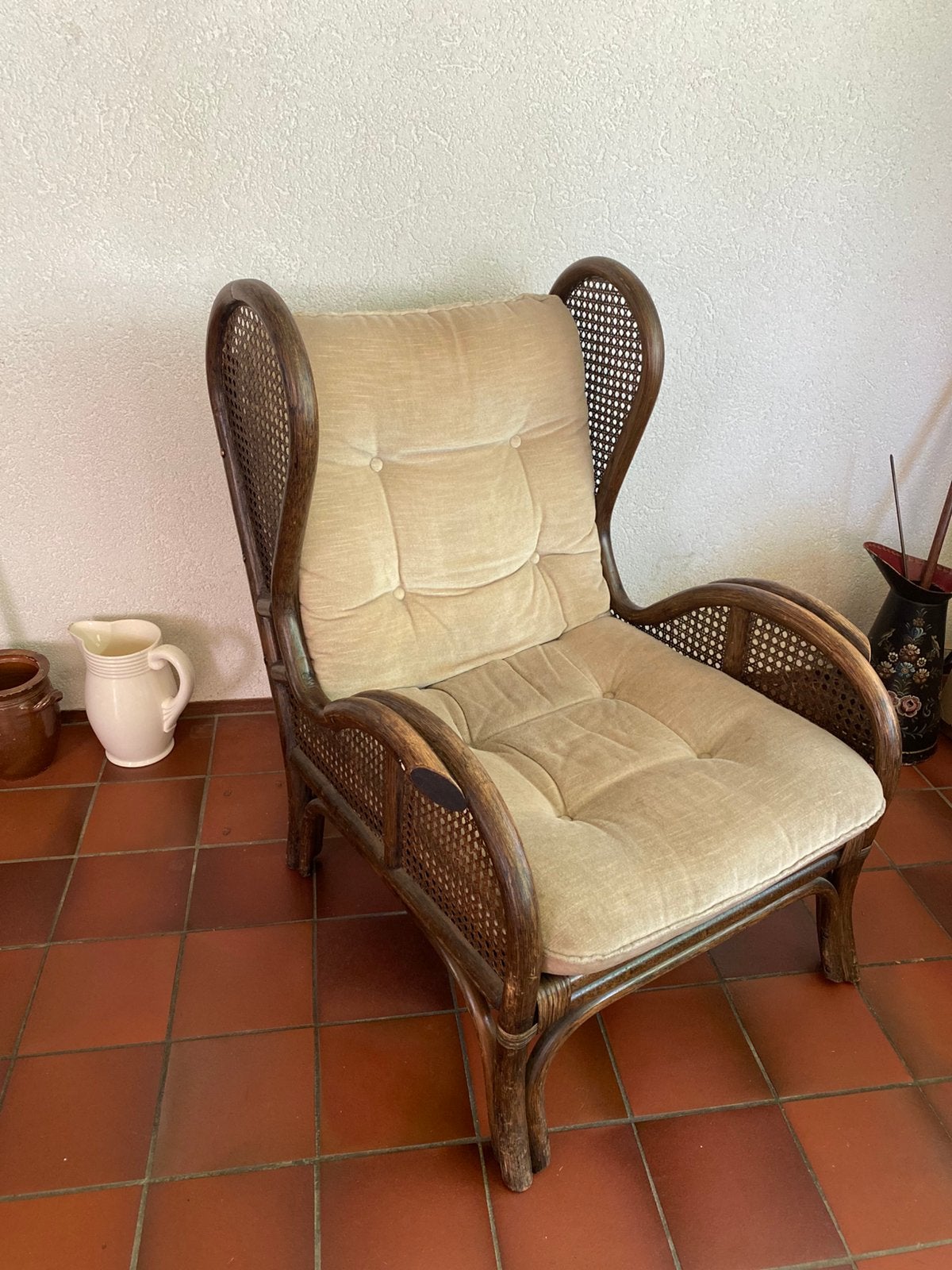 Vintage Giorgetti Faux Bamboo Oorfauteuil – Jaren 70, Huis en Inrichting, Fauteuils, Ophalen, Minder dan 75 cm, Zo goed als nieuw