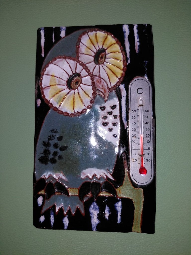 Vintage geglazuurde uil in keramiek met wandthermometer, Ophalen of Verzenden