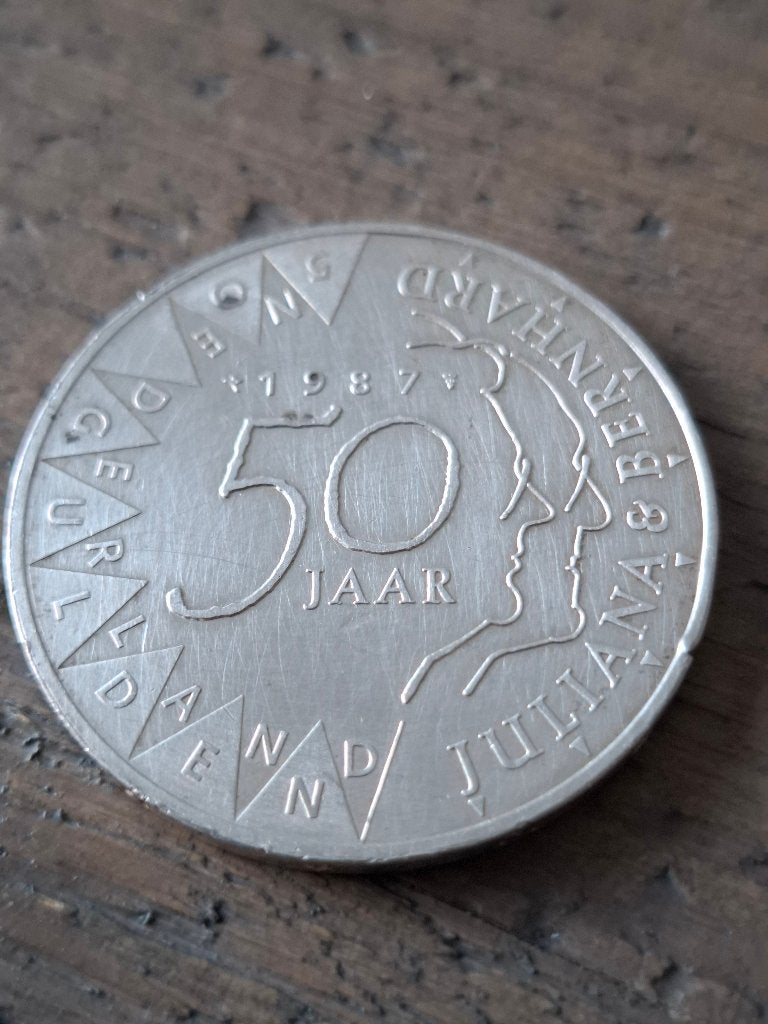 50 gulden munt uit 1987 - zilver - Juliana en Bernhard, Koningin Beatrix, Zilver, Ophalen of Verzenden, Losse munt