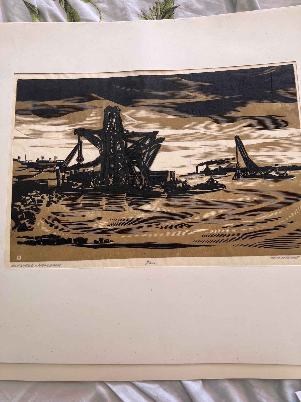 Houtsnede Cor Basart '59 - Havenlandschap, Ophalen, Houtsnede, Landschap, 1950 - 1999