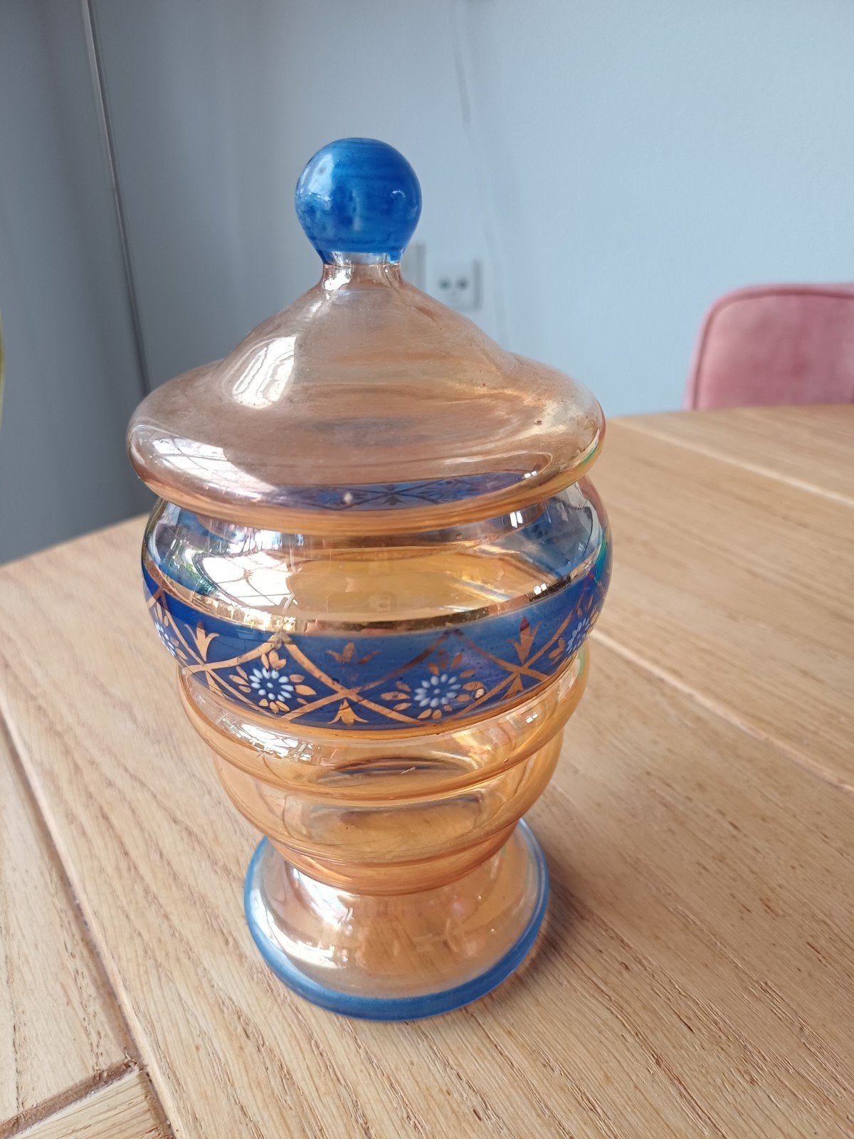 Decoratieve glazen pot met deksel - Blauw en Oranje, Antiek en Kunst, Ophalen of Verzenden
