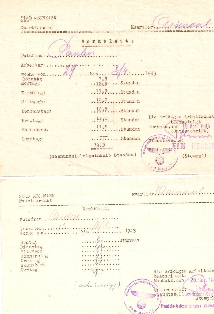 WERKTIJDEN BRIEFJE   TWEEDE WERELDOORLOG  MECHELEN  1943, Postzegels en Munten, Ophalen of Verzenden