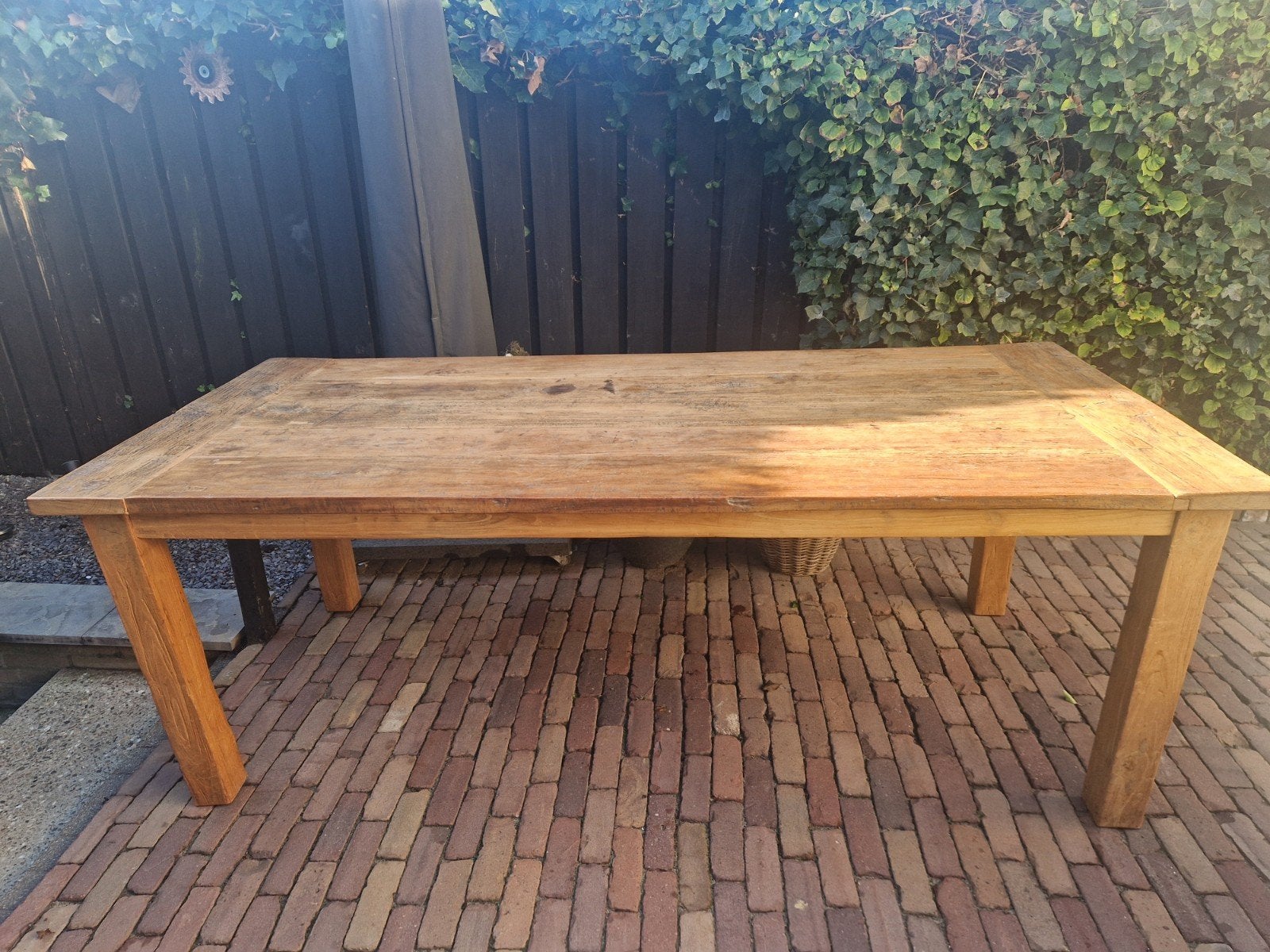 Zware Teakhouten Eettafel/Terrastafel 220x100x77cm, Ophalen, Teakhout, 200 cm of meer, 50 tot 100 cm