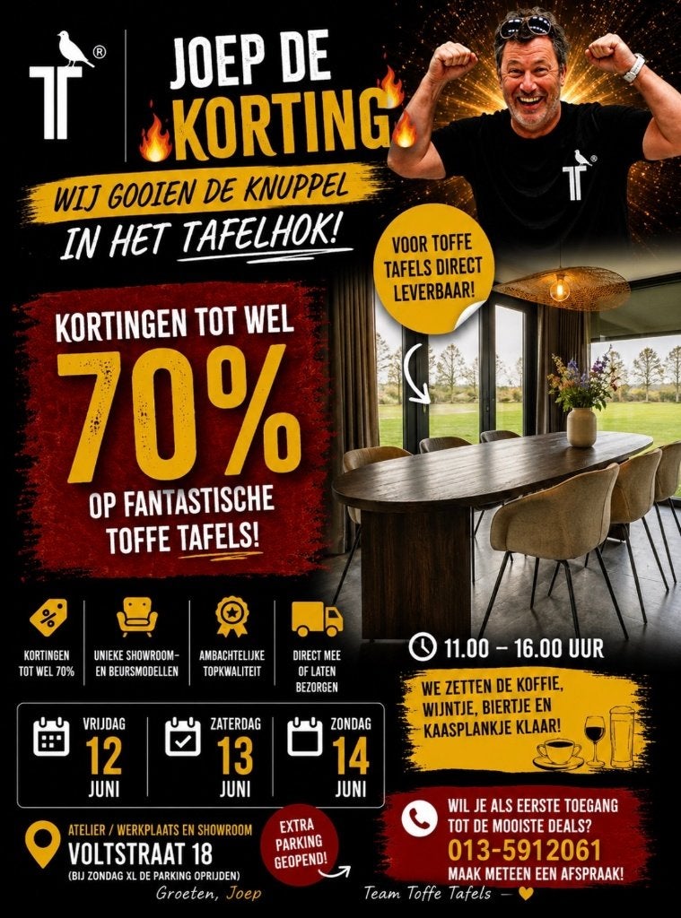 Super Sale mega korting op echte Toffe Tafels, Huis en Inrichting, 100 tot 150 cm, Eikenhout, Ophalen of Verzenden, Overige vormen