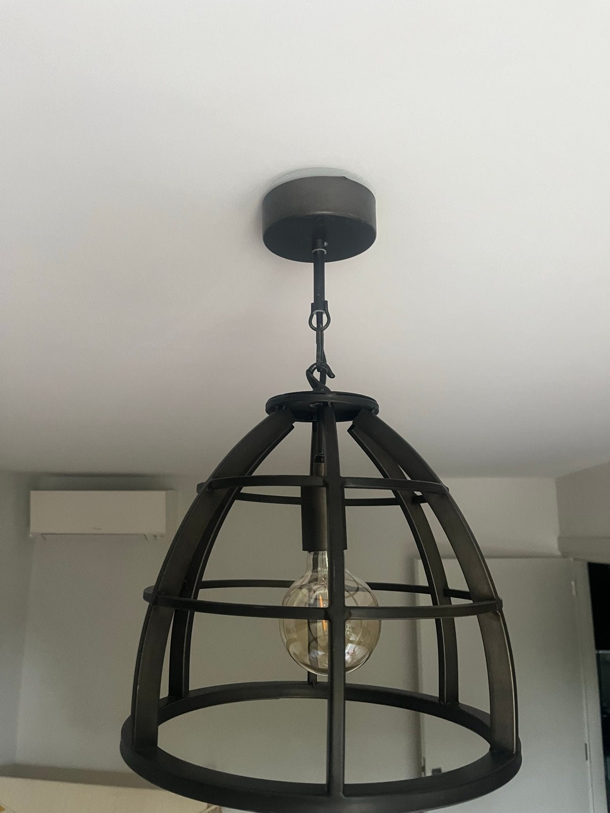 Industriële hanglamp - Zwart metalen kooi, Ophalen, Zo goed als nieuw, Metaal, E27 (groot)