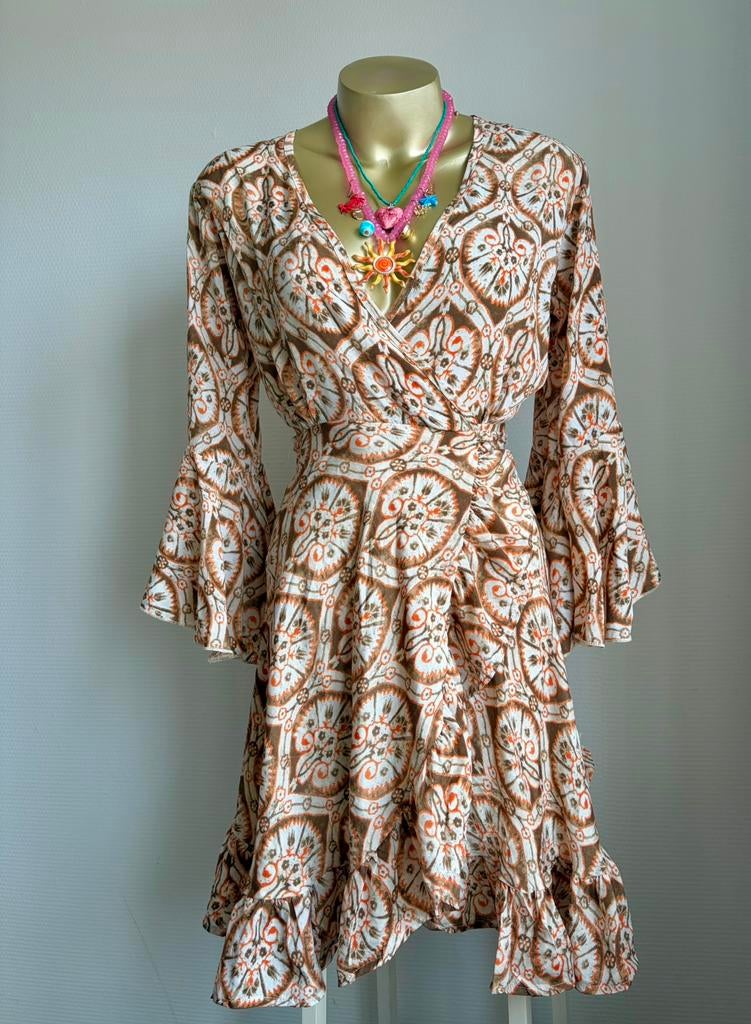 Boho ibiza wikkel jurk met volant, Oranje, Ophalen of Verzenden, Zo goed als nieuw, Knielengte