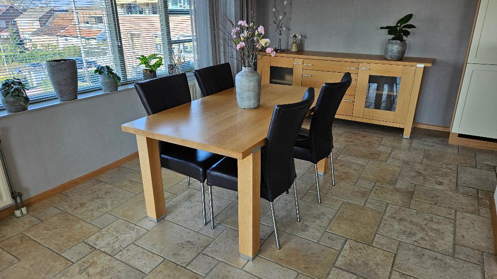 Prachtige blank eiken eethoek eettafel Hans Daalder Steel, Ophalen, Gebruikt, Eikenhout, 150 tot 200 cm