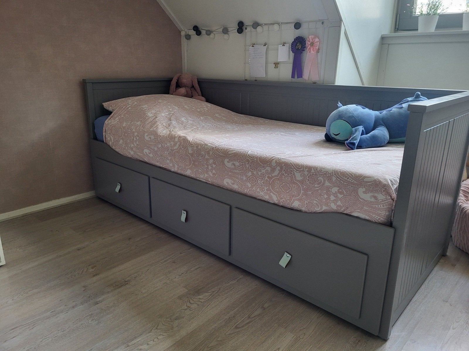 IKEA HEMNES Bedbank met 3 lades, grijs, 80x200 cm, Ophalen, Gebruikt, Eenpersoons, Modern, Scandinavisch