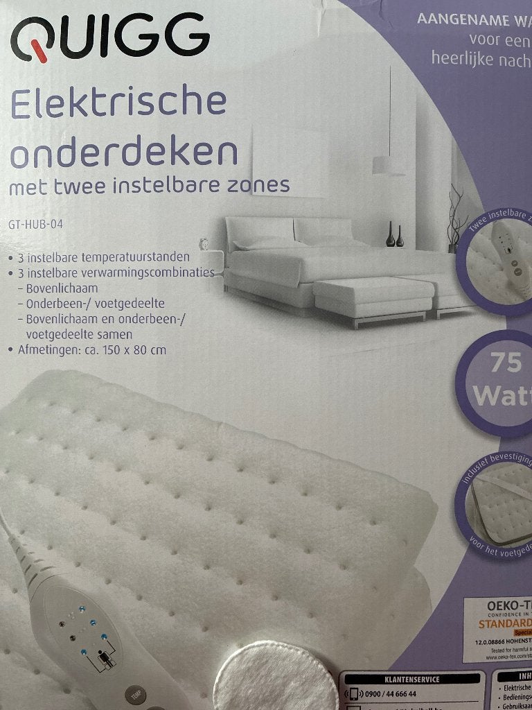 QUIGG Elektrische onderdeken met twee instelbare zones, Huis en Inrichting, Ophalen, Eenpersoons, Wit, Nieuw