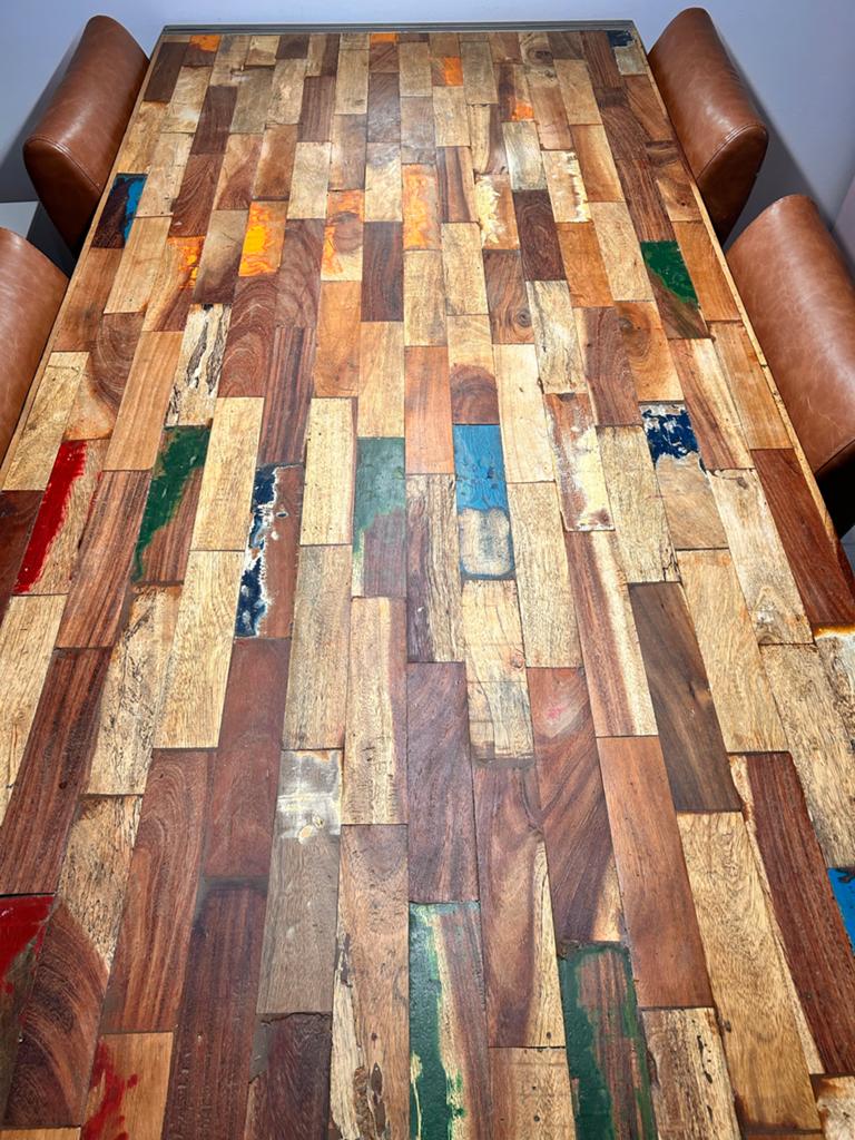 Industriële eettafel en tv-meibel van hout en metaal, Ophalen, Gebruikt, 100 tot 150 cm, 200 cm of meer