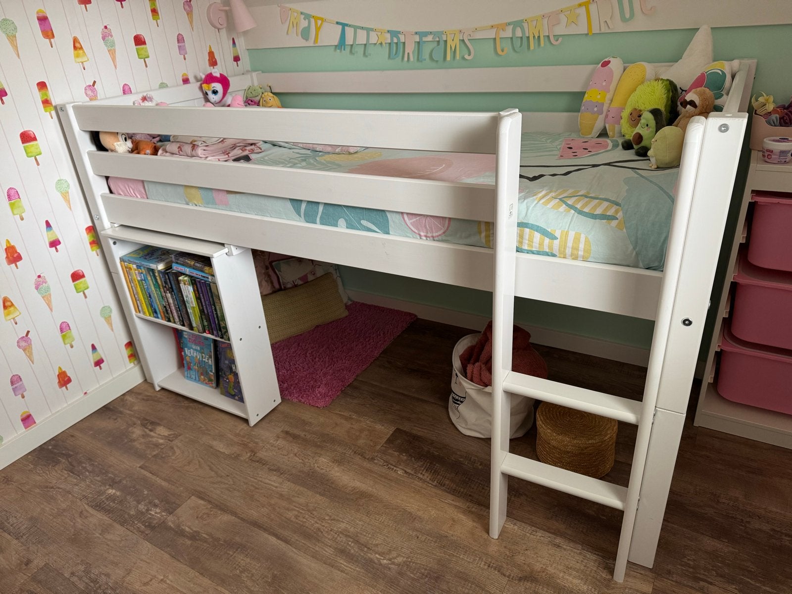 Witte halfhoogslaper Jip (Beter Bed) met uitschuifbureau, Ophalen, Gebruikt, 90 cm, Eenpersoons