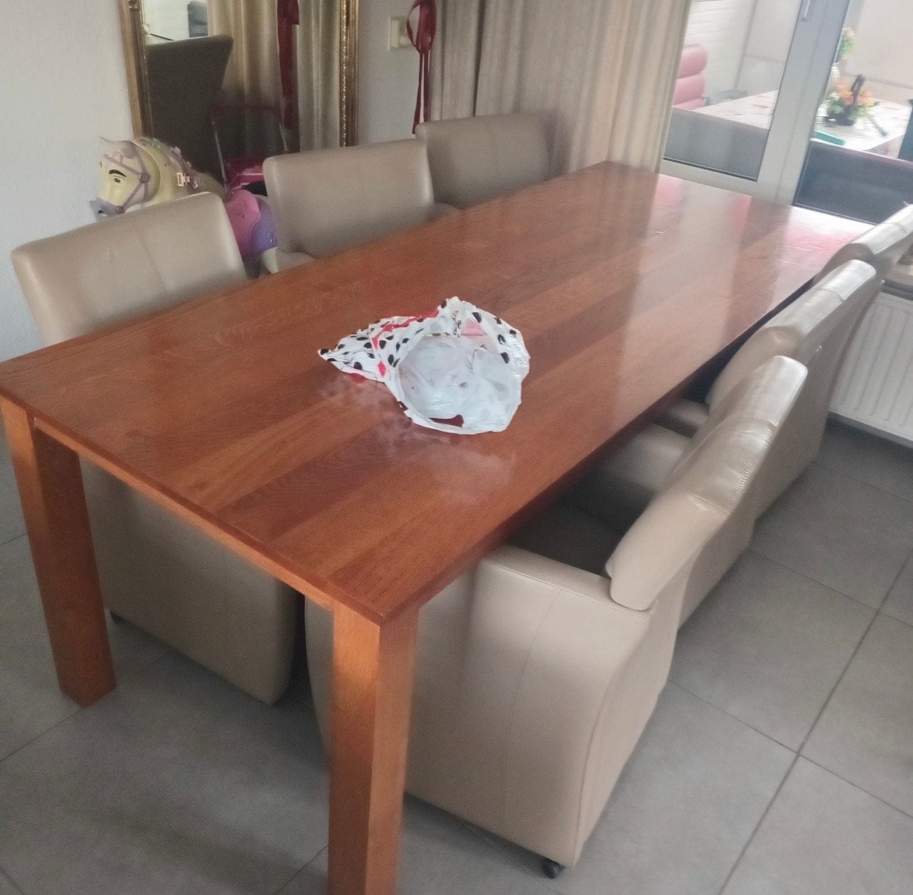 Houten eettafel met 6 stoelen, Ophalen, Gebruikt, 50 tot 100 cm, 150 tot 200 cm