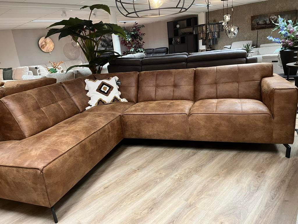 Showmodel hoekbank, microvezel cognac in retro style, Ophalen, Nieuw