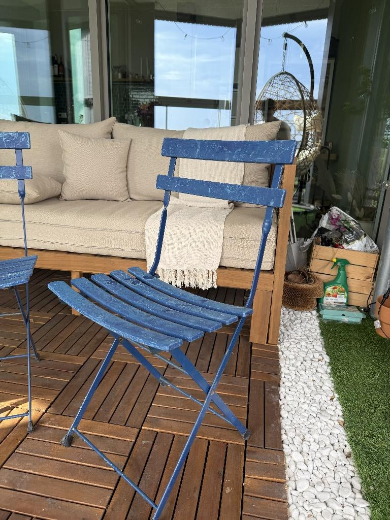 2 blauwe tuinstoelen / buitenstoelen, Tuin en Terras, Tuinstoelen, Ophalen, Gebruikt, Plastic