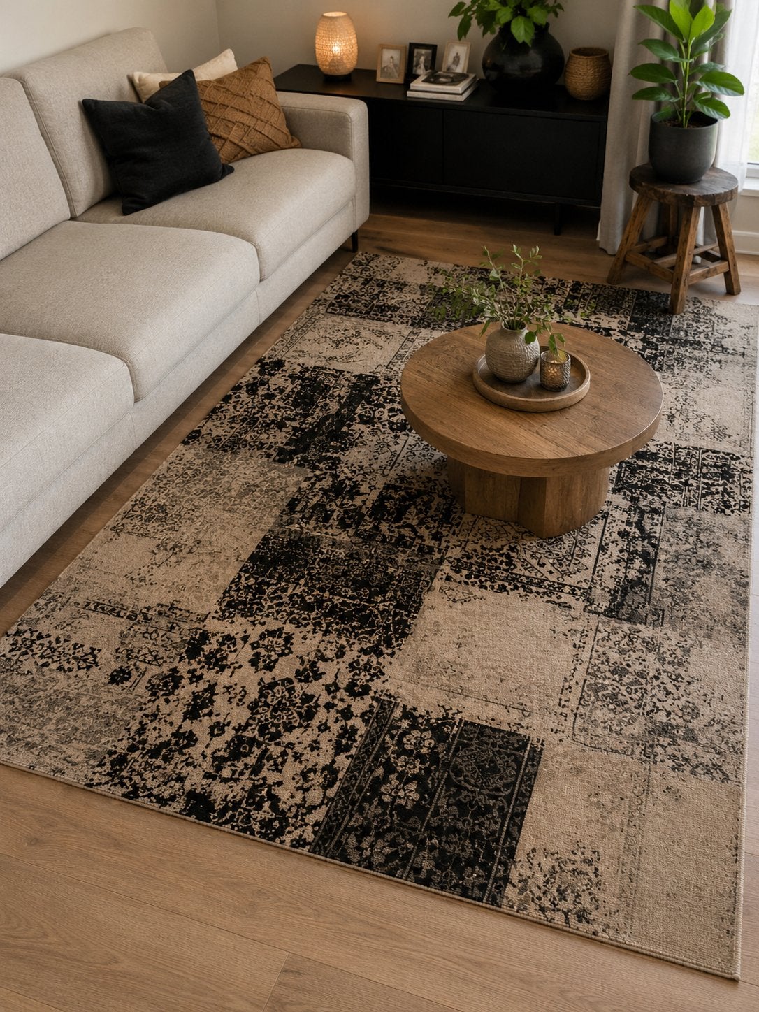 Modern Patchwork Tapijt Zwart, Grijs, Beige - 160x230 cm, Ophalen, Gebruikt, Zwart, 150 tot 200 cm